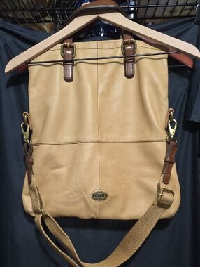 Fossil Tan Leather Convertible Messenger Bag with Brown Accents